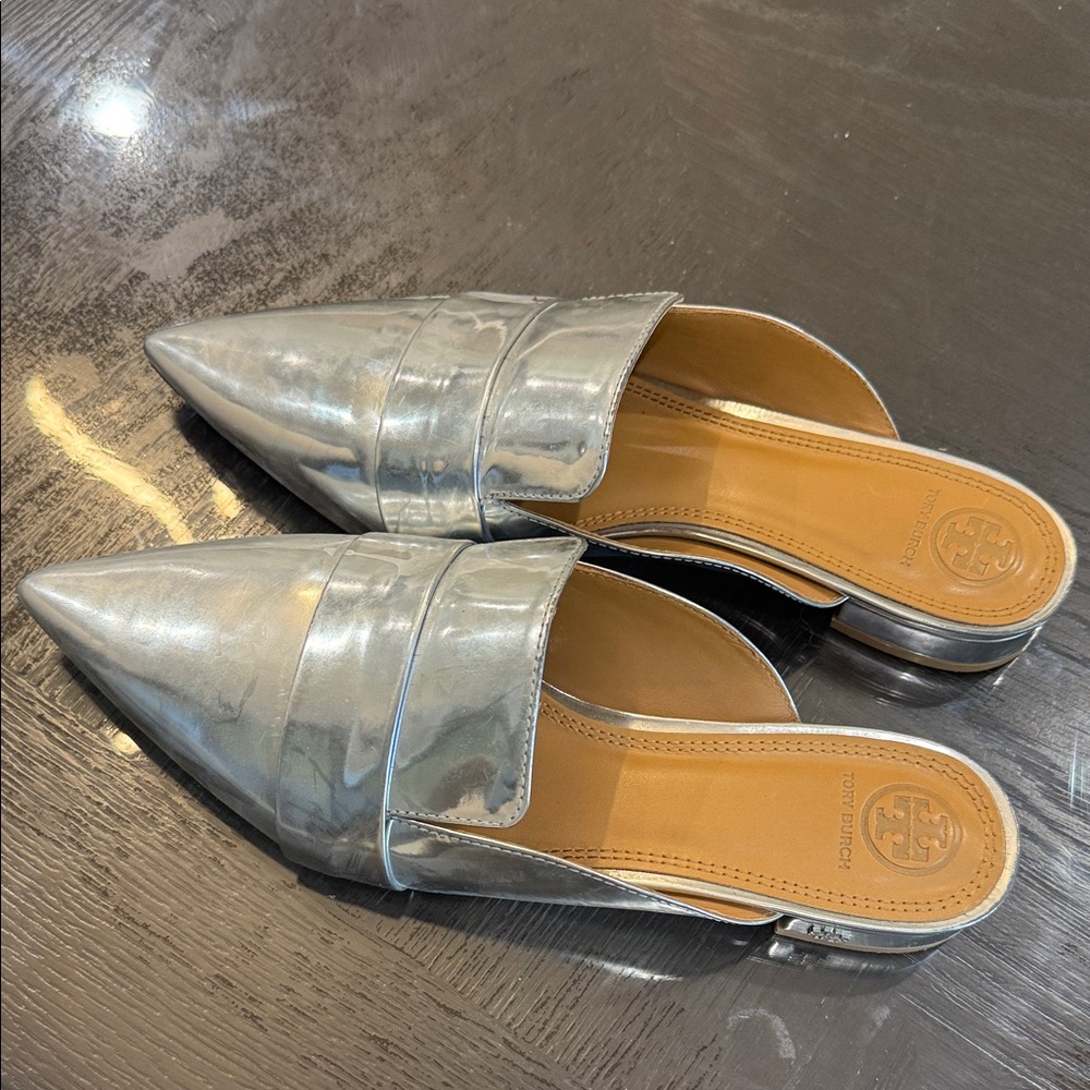 Tory Burch Metallic Silver Mules
